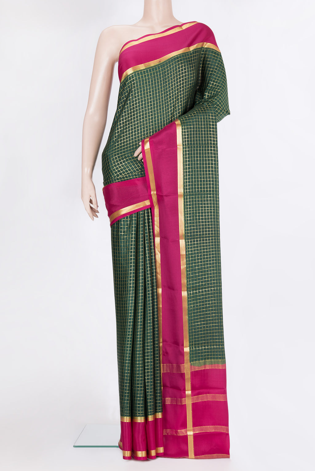 Bottle Green Mysore Silk Saree with Checked design on the body and Zari Border.  displayed on a mannequin