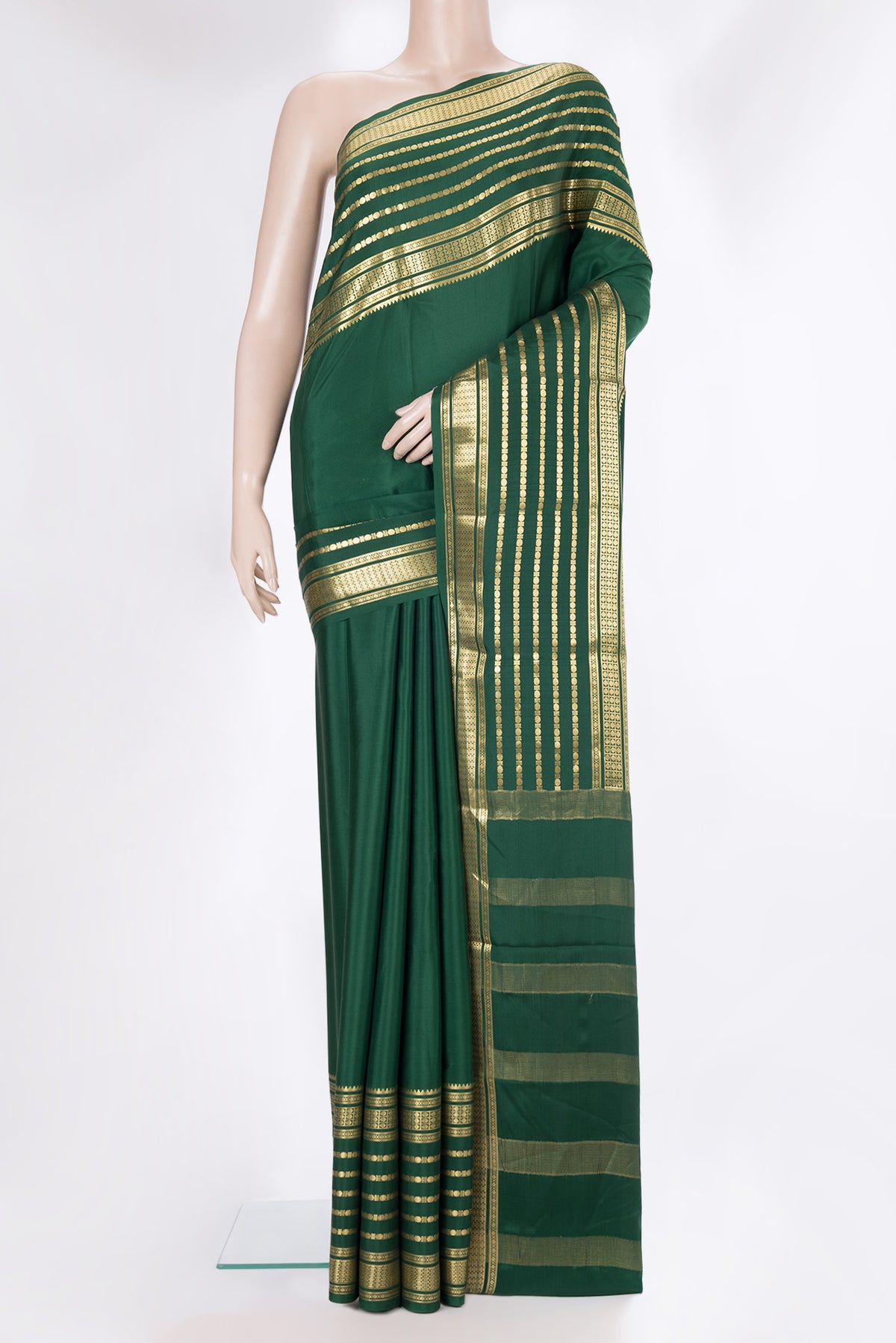 Bottle Green Mysore Crepe Saree with Plain Body and Fancy Border.  displayed on a mannequin