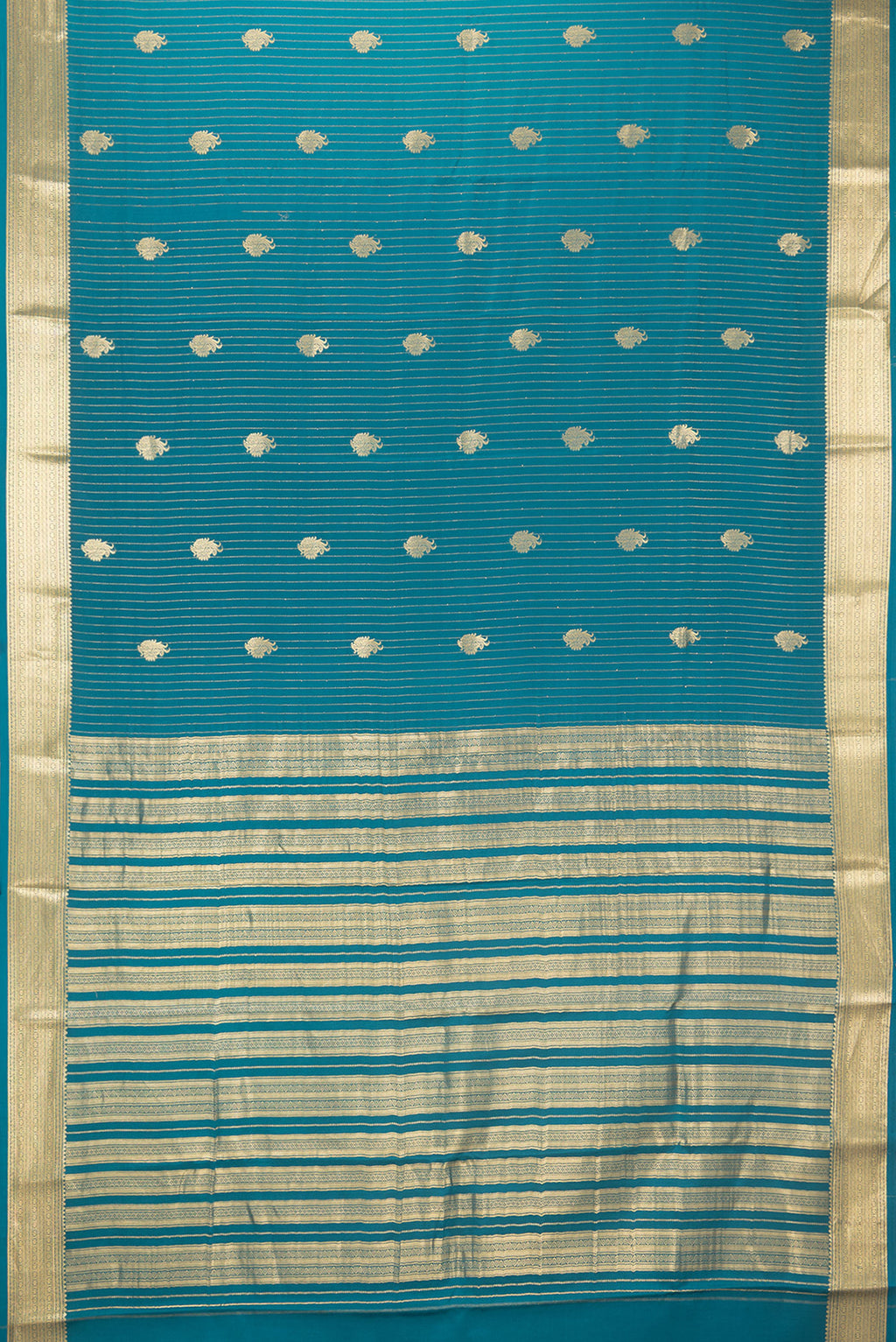 Flat view of Pure Silk Blue Mysore Silk Saree with Zari Butta on the body and Zari Border. 