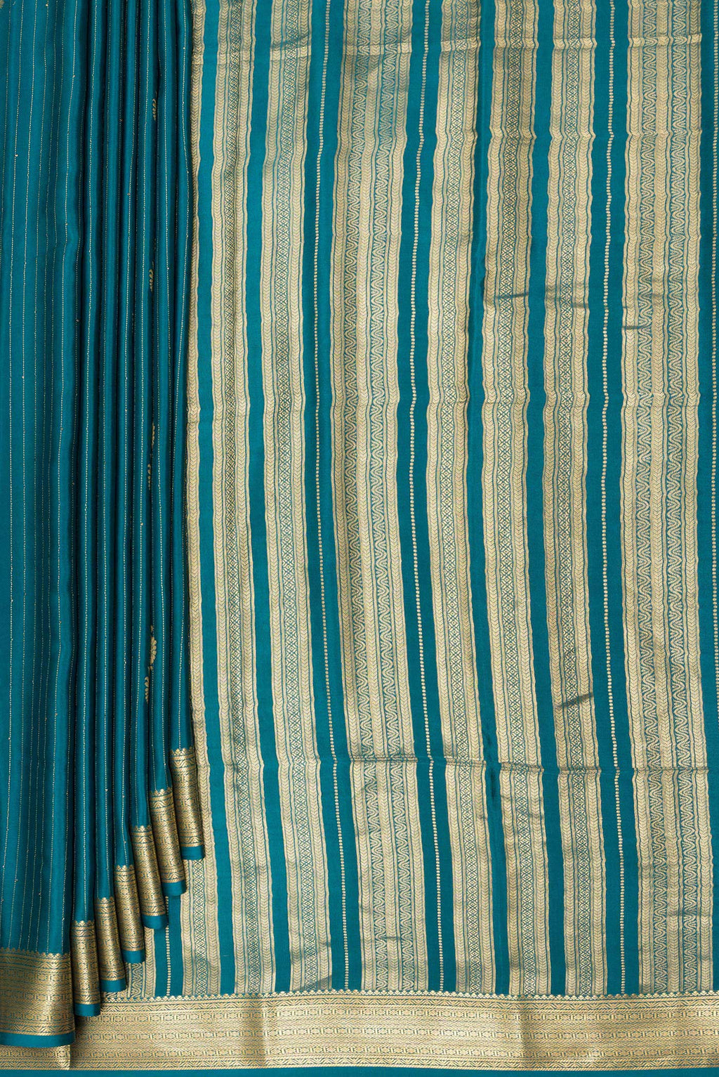 Pleats and pallu of Pure Silk Blue Mysore Silk Saree with Zari Butta on the body and Zari Border. 