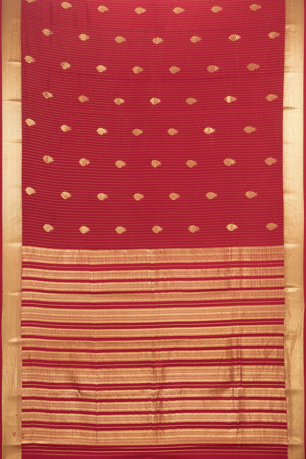 Flat view of Red Mysore Crepe Saree with Stripes on the body and Zari Border. 