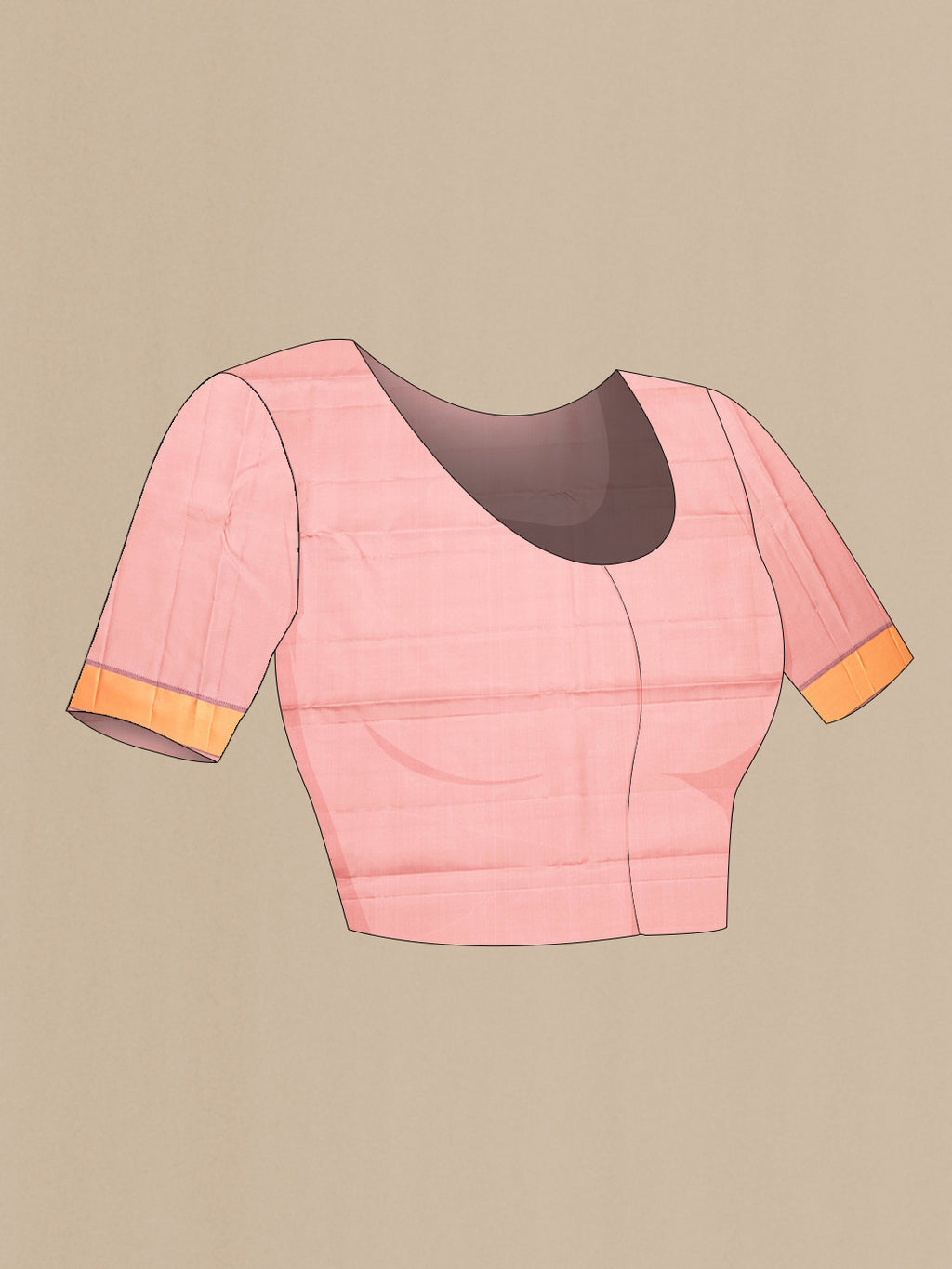 Close up image of the blouse of Pure Silk Peach Kanjivaram Saree with Thread Butta on the body and Thread Border. 