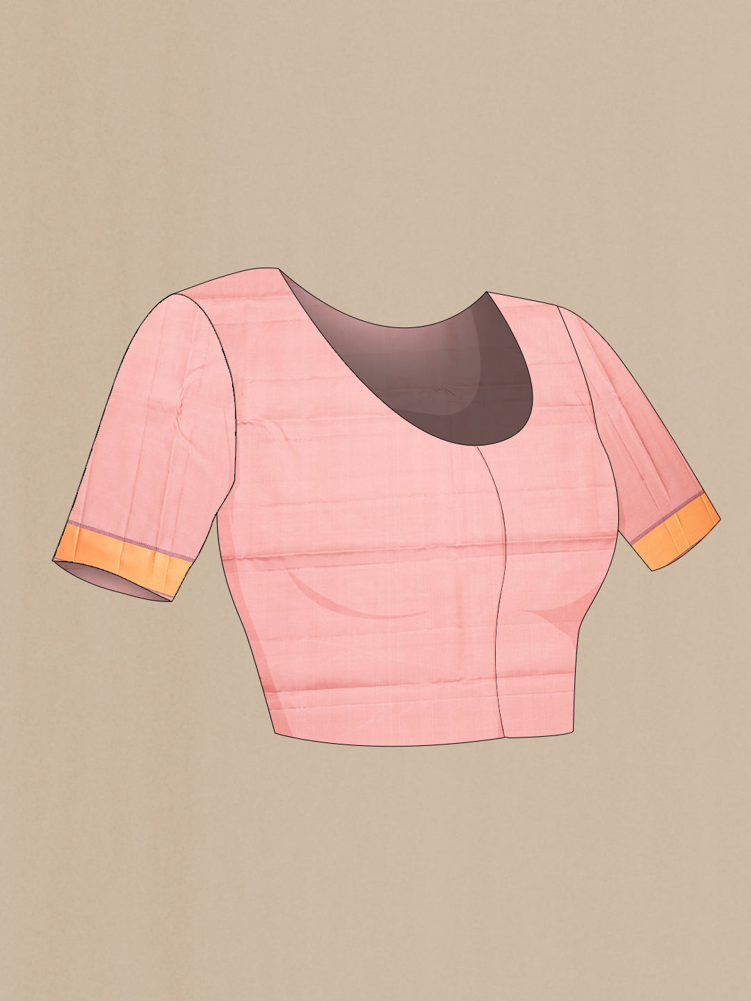 Close up image of the blouse of Pure Silk Peach Kanjivaram Saree with Thread Butta on the body and Thread Border. 
