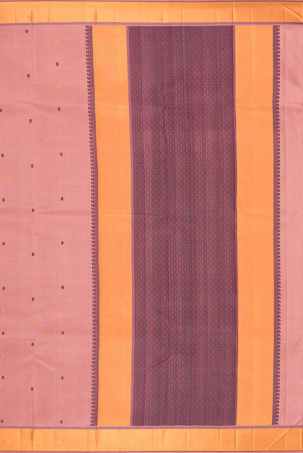 Close up image of the pallu of Pure Silk Peach Kanjivaram Saree with Thread Butta on the body and Thread Border. 
