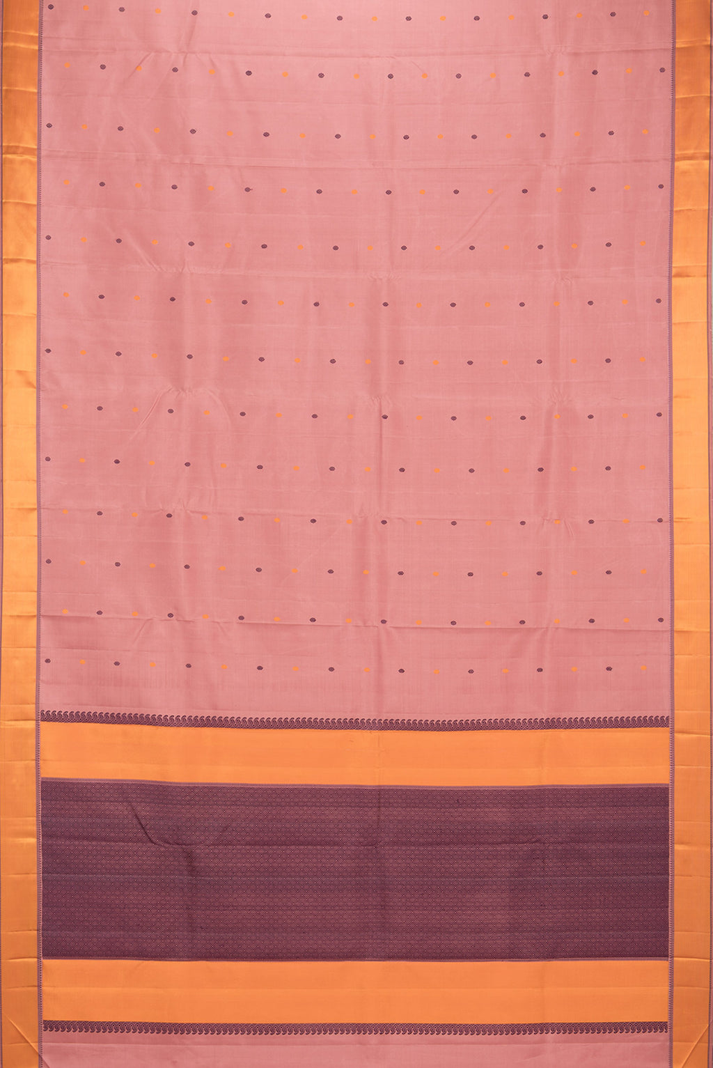 Flat view of Pure Silk Peach Kanjivaram Saree with Thread Butta on the body and Thread Border. 
