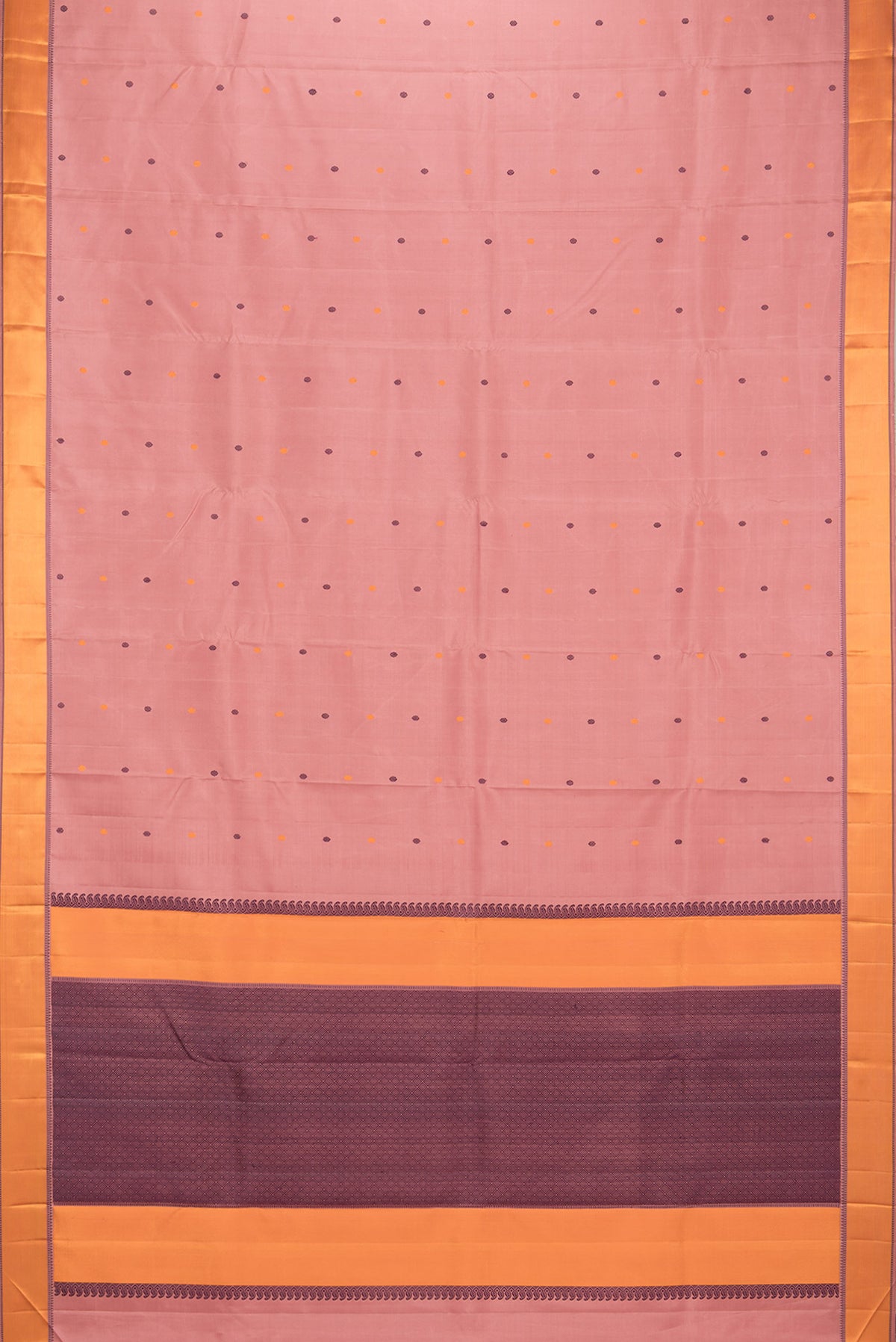 Flat view of Pure Silk Peach Kanjivaram Saree with Thread Butta on the body and Thread Border. 