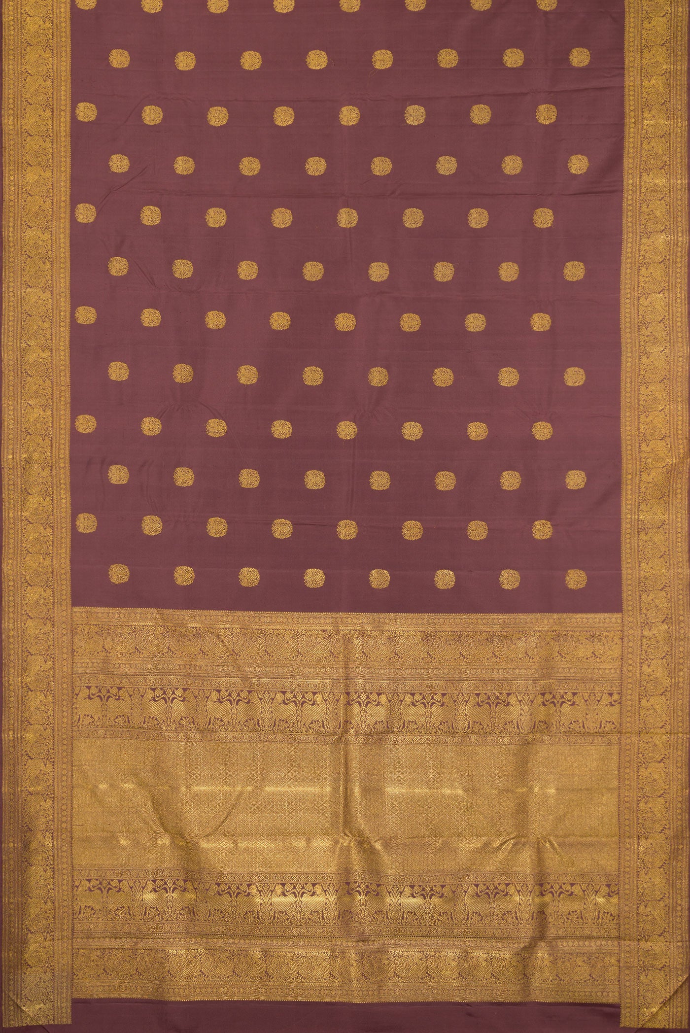 Flat view of Pure Silk Pure Zari Brown Kanjivaram Saree with Zari Butta on the body and Zari Border. 