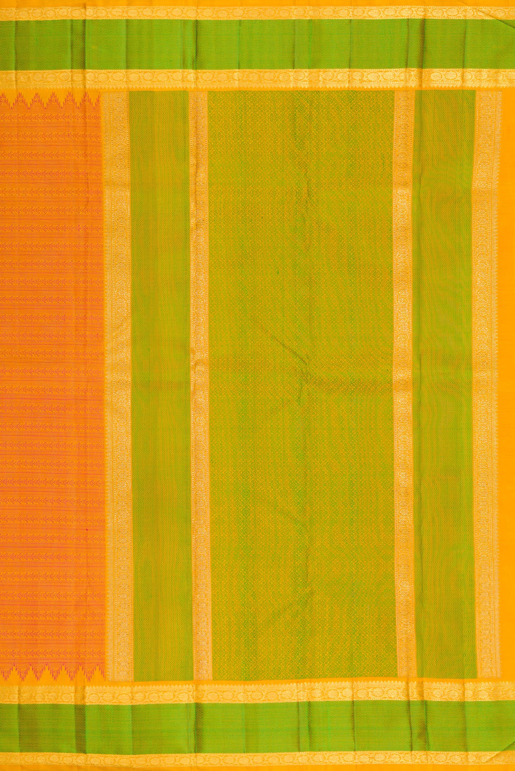 Close up image of the pallu of Pure Silk Pure Zari Orange Kanjivaram Saree with Jacquard design on the body and Zari And Thread Border. 