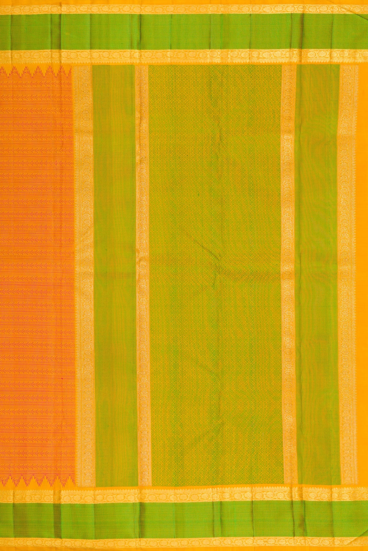 Close up image of the pallu of Pure Silk Pure Zari Orange Kanjivaram Saree with Jacquard design on the body and Zari And Thread Border. 