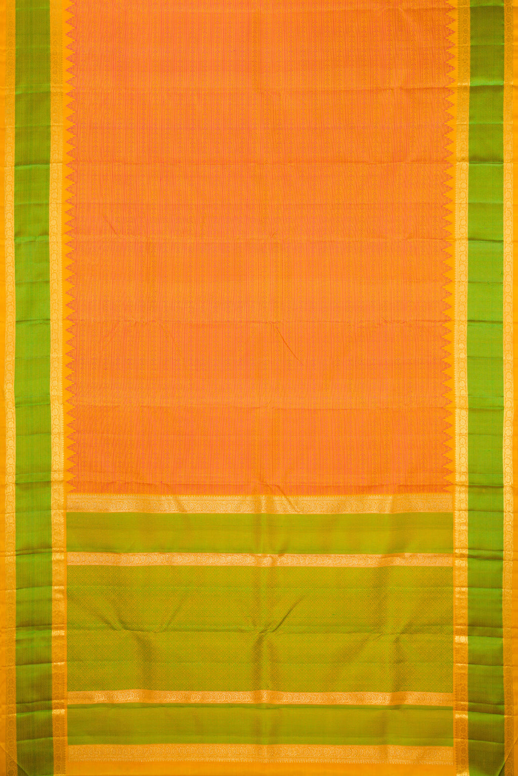 Flat view of Pure Silk Pure Zari Orange Kanjivaram Saree with Jacquard design on the body and Zari And Thread Border. 