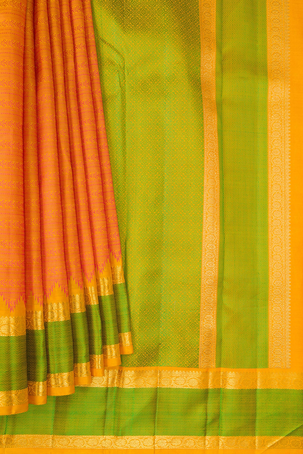 Pleats and pallu of Pure Silk Pure Zari Orange Kanjivaram Saree with Jacquard design on the body and Zari And Thread Border. 