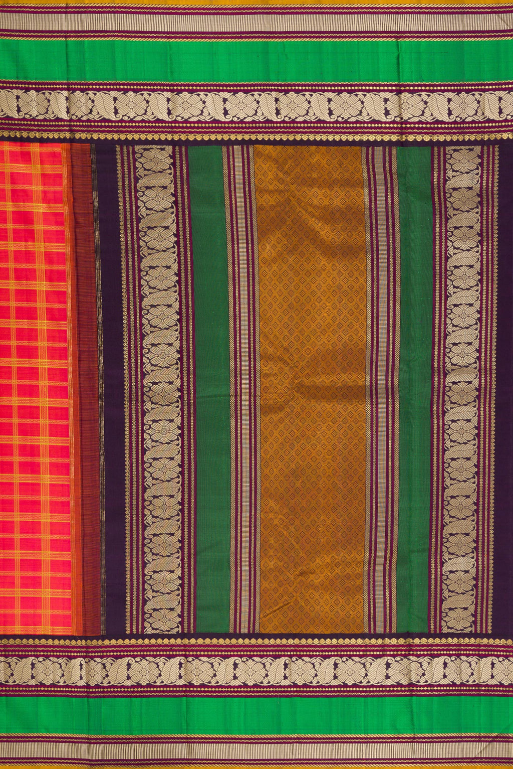 Close up image of the pallu of Pure Silk Pure Zari Coral Dual Tone Kanchipuram Saree with Checked design on the body and Zari And Thread Border. 