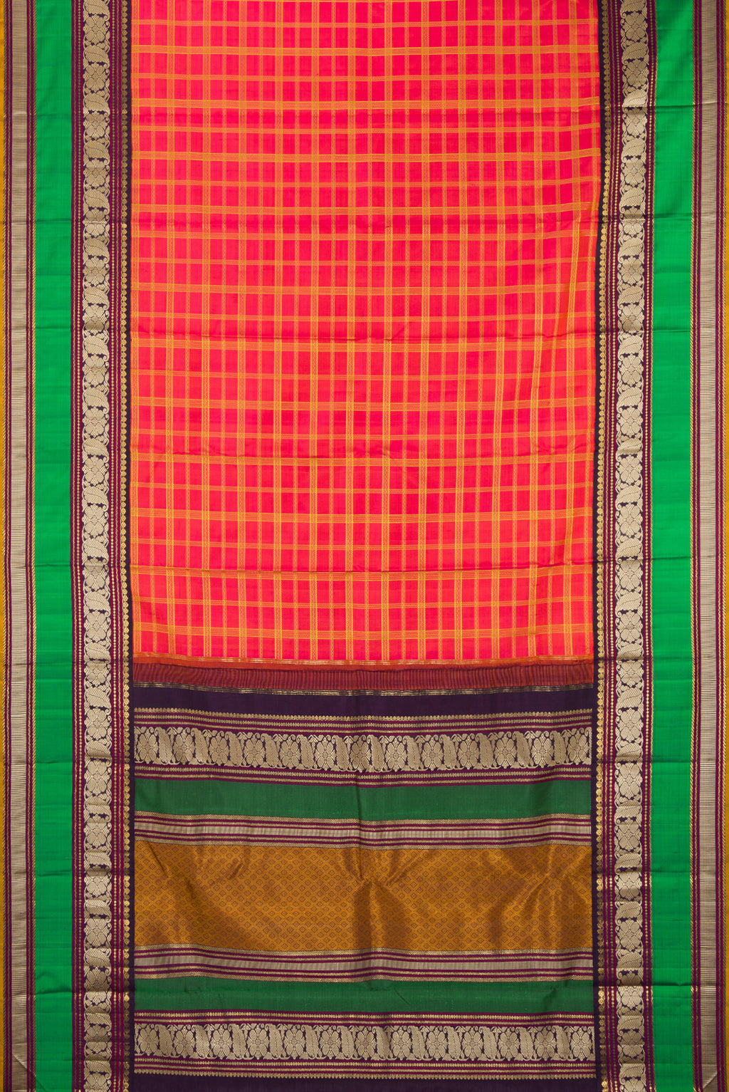 Flat view of Pure Silk Pure Zari Coral Dual Tone Kanchipuram Saree with Checked design on the body and Zari And Thread Border. 