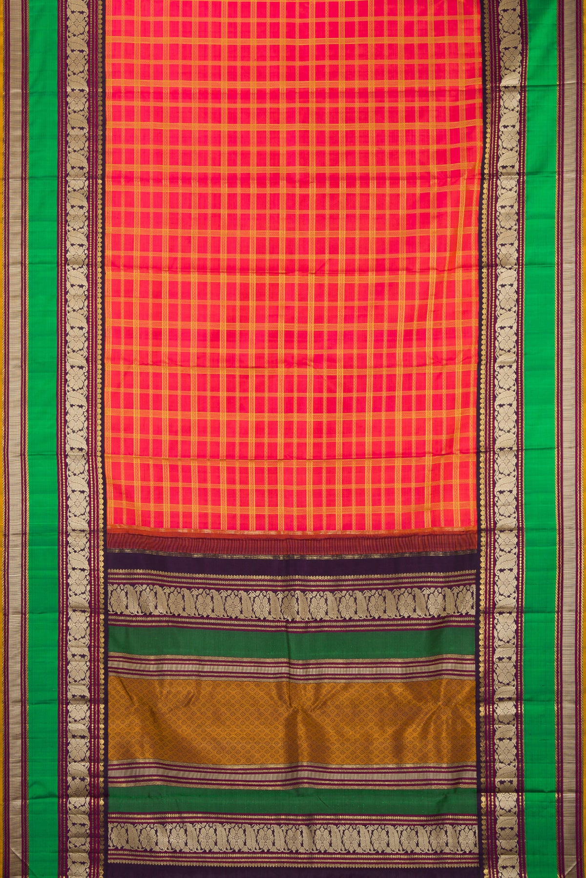 Flat view of Pure Silk Pure Zari Coral Dual Tone Kanchipuram Saree with Checked design on the body and Zari And Thread Border. 
