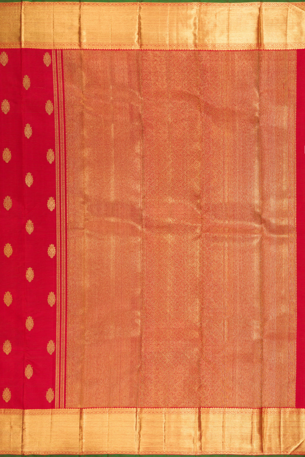 Close up image of the pallu of Pure Silk Pure Zari Red Kanjivaram Saree with Stripes on the body and Zari Border. 