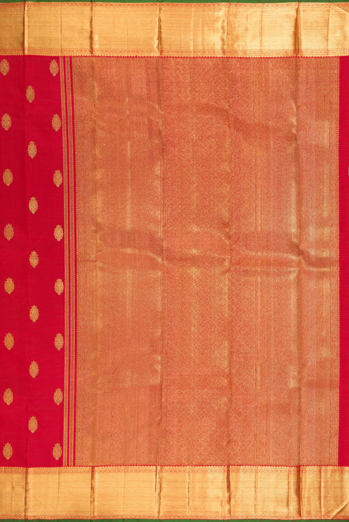 Close up image of the pallu of Pure Silk Pure Zari Red Kanjivaram Saree with Stripes on the body and Zari Border. 
