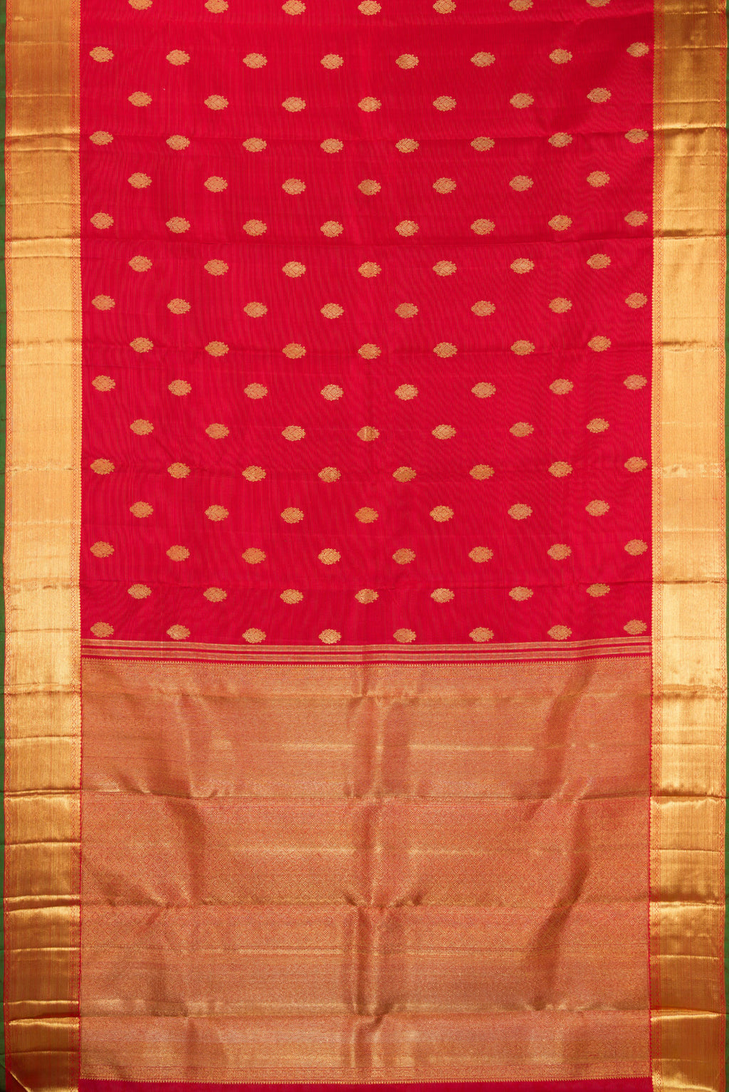 Flat view of Pure Silk Pure Zari Red Kanjivaram Saree with Stripes on the body and Zari Border. 