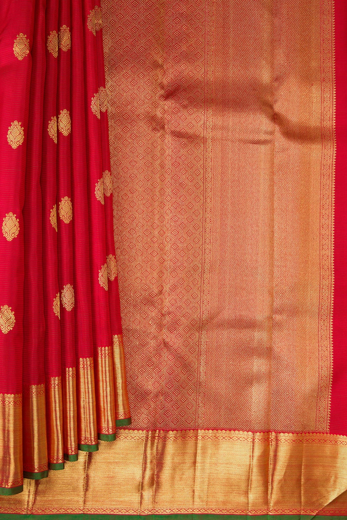 Pleats and pallu of Pure Silk Pure Zari Red Kanjivaram Saree with Stripes on the body and Zari Border. 