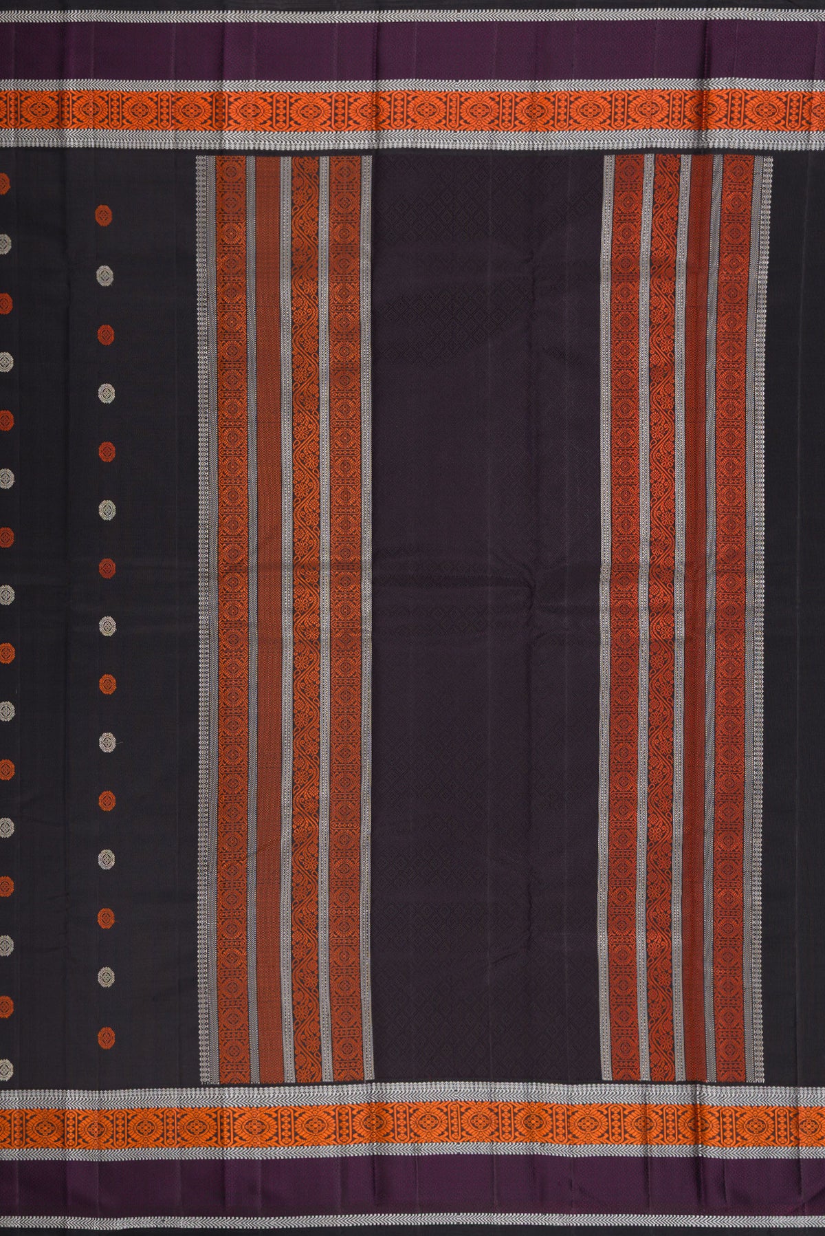Close up image of the pallu of Pure Silk Black Kanjivaram Saree with Thread Butta on the body and Thread Border. 