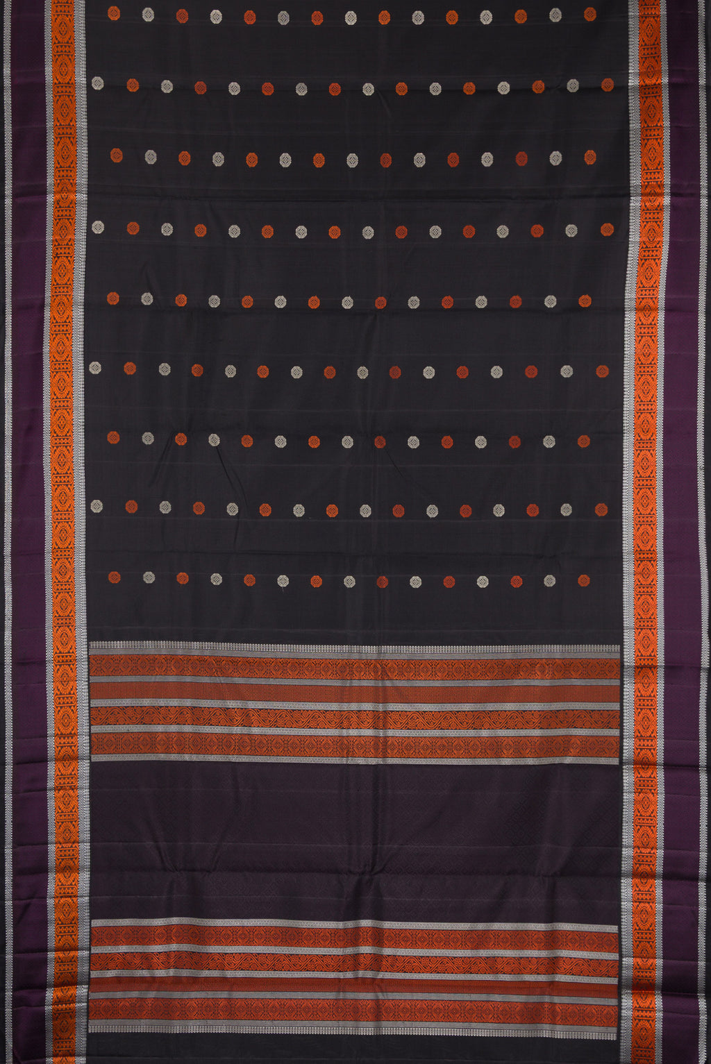 Flat view of Pure Silk Black Kanjivaram Saree with Thread Butta on the body and Thread Border. 
