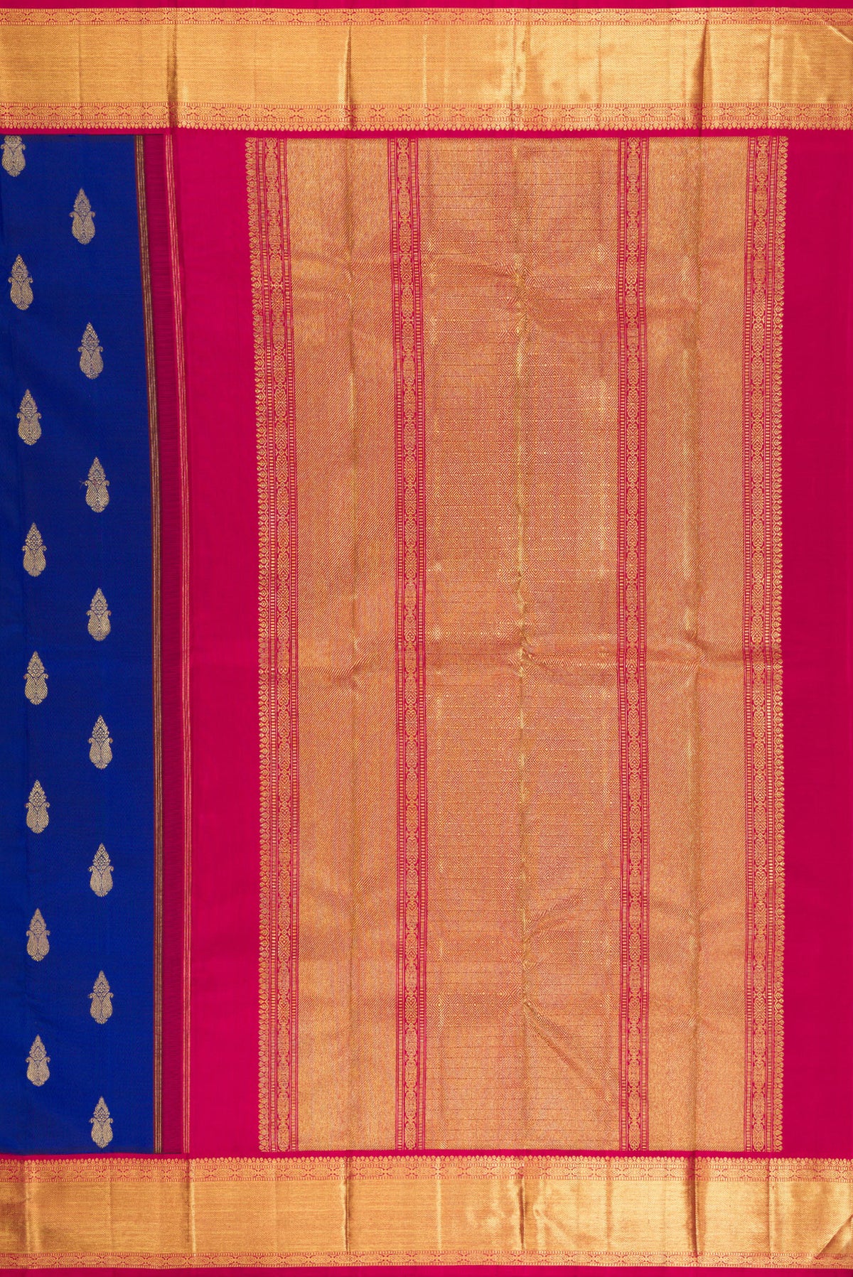 Close up image of the pallu of Pure Silk Pure Zari Royal Blue Kanjivaram Saree with Zari Butta on the body and Zari Border. 