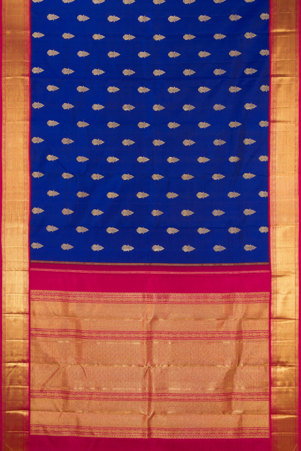 Flat view of Pure Silk Pure Zari Royal Blue Kanjivaram Saree with Zari Butta on the body and Zari Border. 