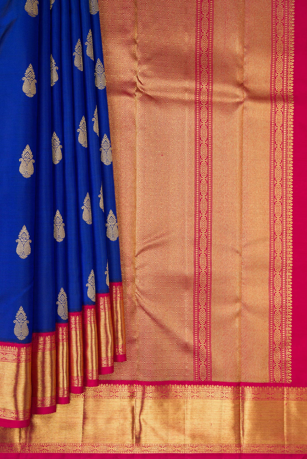 Pleats and pallu of Pure Silk Pure Zari Royal Blue Kanjivaram Saree with Zari Butta on the body and Zari Border. 
