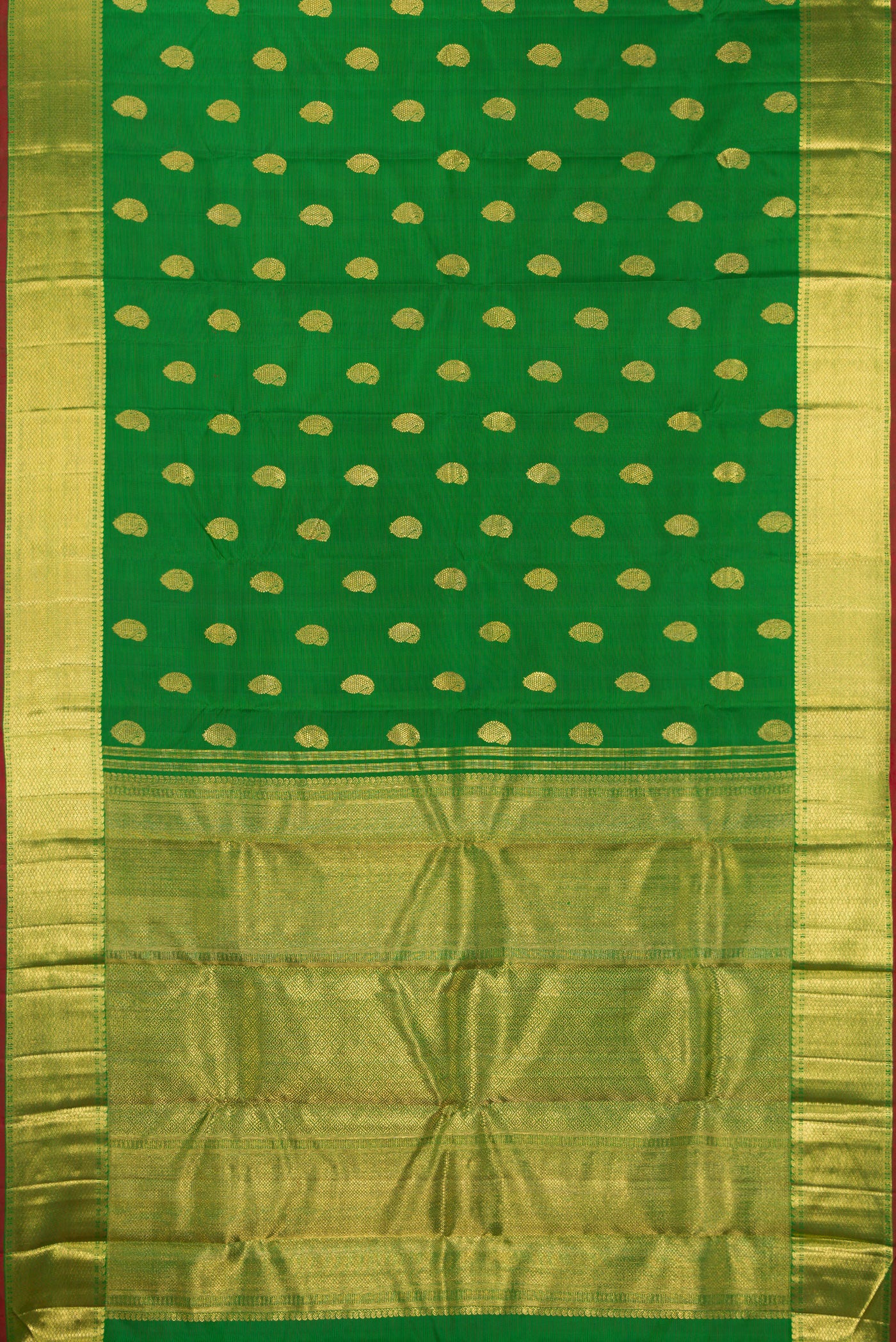 Flat view of Pure Silk Pure Zari Green Kanjivaram Saree with Zari Butta on the body and Zari Border. 