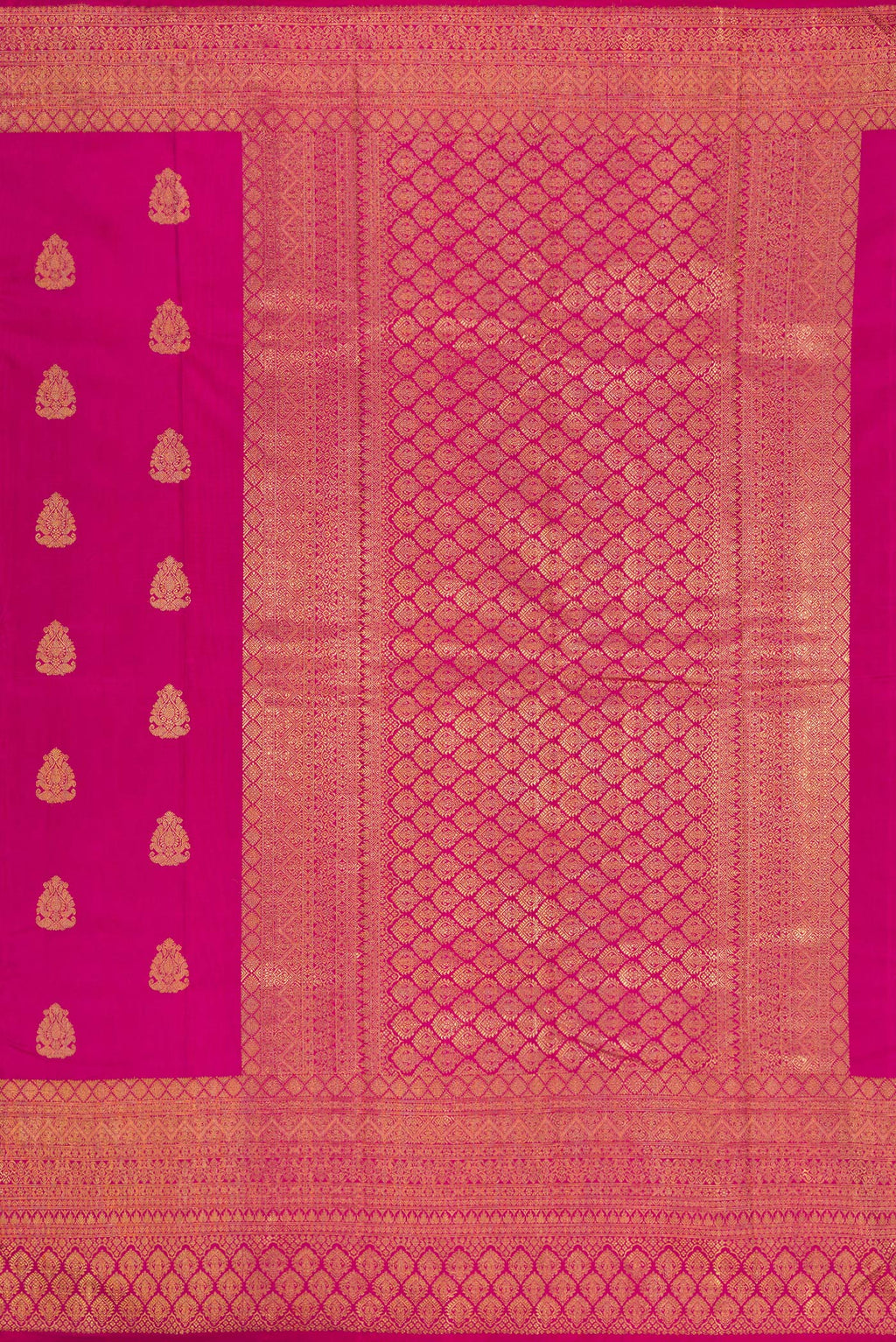 Close up image of the pallu of Pure Silk Pure Zari Light Magenta Kanjivaram Saree with Zari Butta on the body and Zari Border. 