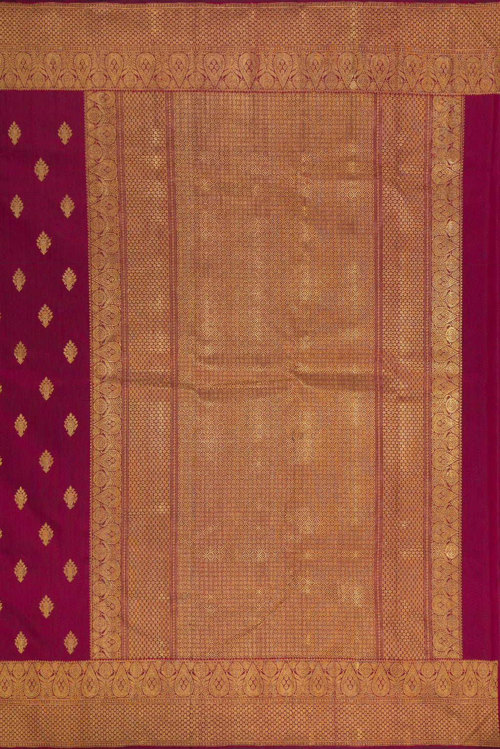Close up image of the pallu of Pure Silk Pure Zari Maroon Kanjivaram Saree with Zari Butta on the body and Fancy Border. 