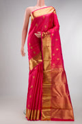 Pure Silk Pure Zari Dark Pink Kanjivaram Saree with Zari Butta on the body and Zari Border.  displayed on a mannequin