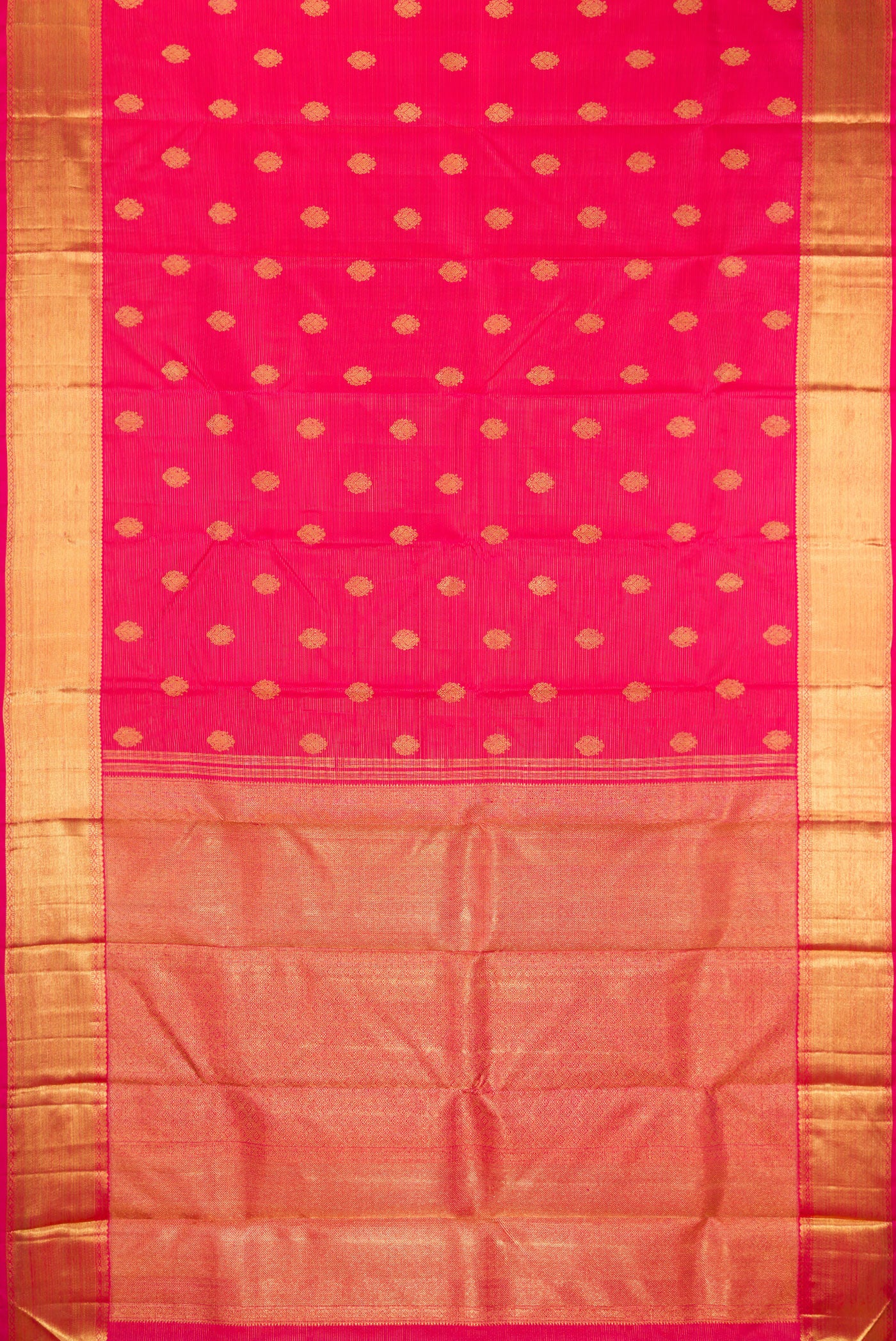 Flat view of Pure Silk Pure Zari Dark Pink Kanjivaram Saree with Zari Butta on the body and Zari Border. 