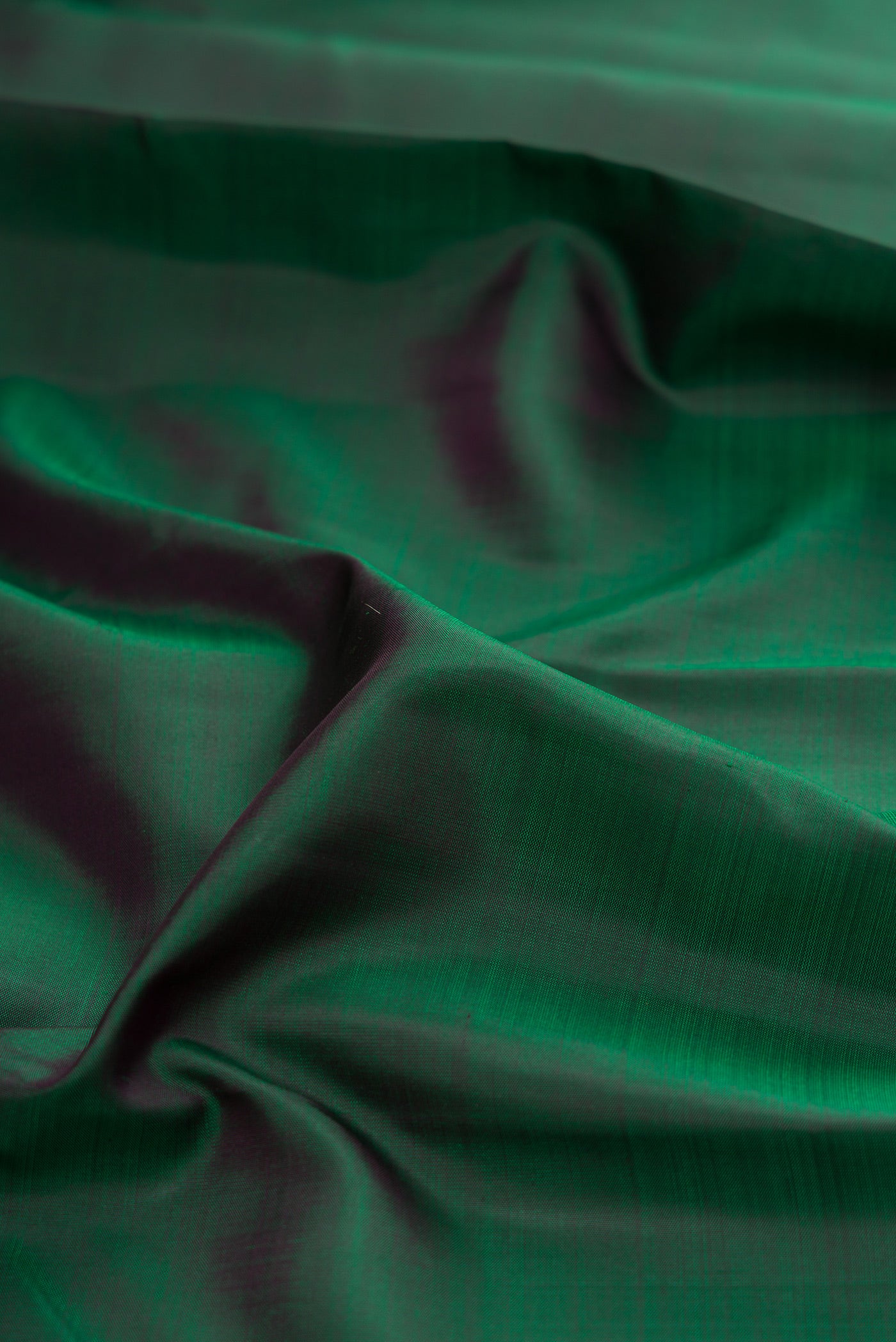 Close up of Pure Silk Pure Zari Green Kanjivaram Saree with Plain Body and Zari Border.  displaying folds