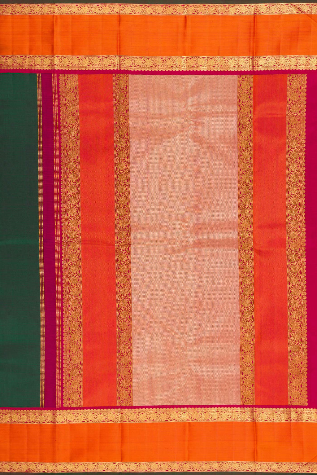 Close up image of the pallu of Pure Silk Pure Zari Green Kanjivaram Saree with Plain Body and Zari Border. 