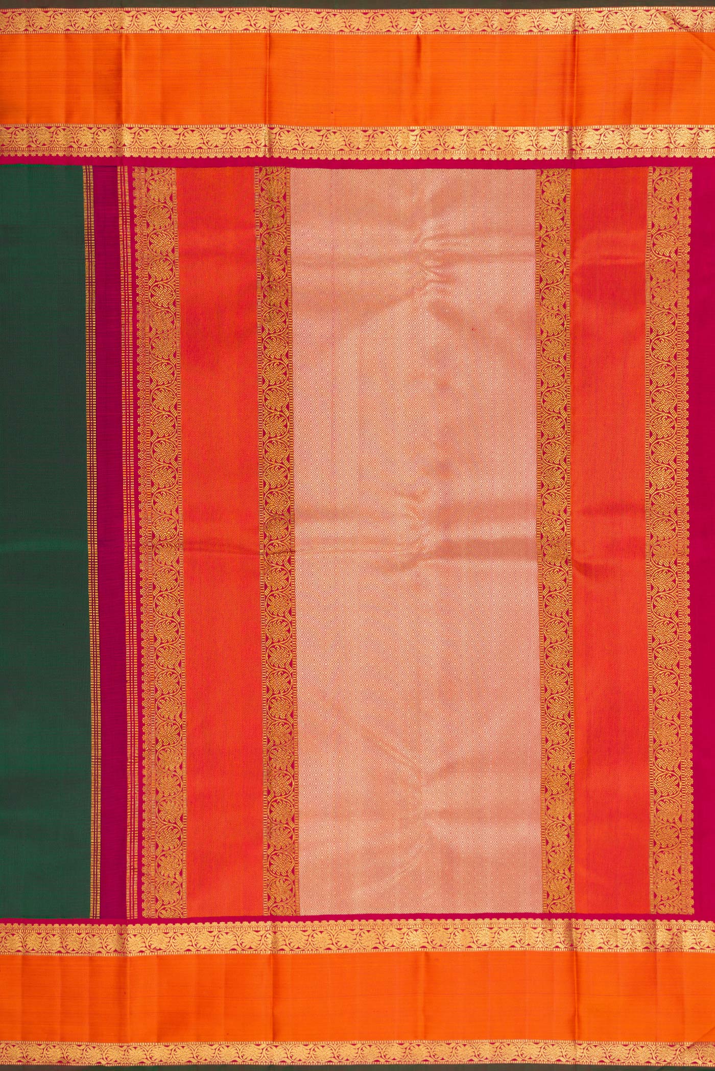 Close up image of the pallu of Pure Silk Pure Zari Green Kanjivaram Saree with Plain Body and Zari Border. 