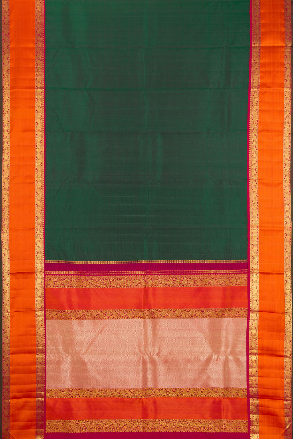 Flat view of Pure Silk Pure Zari Green Kanjivaram Saree with Plain Body and Zari Border. 