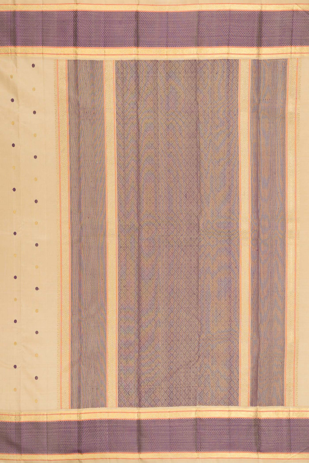 Close up image of the pallu of Pure Silk Pure Zari Sandal Kanchipuram Saree with Zari And Thread Butta on the body and Zari Border. 