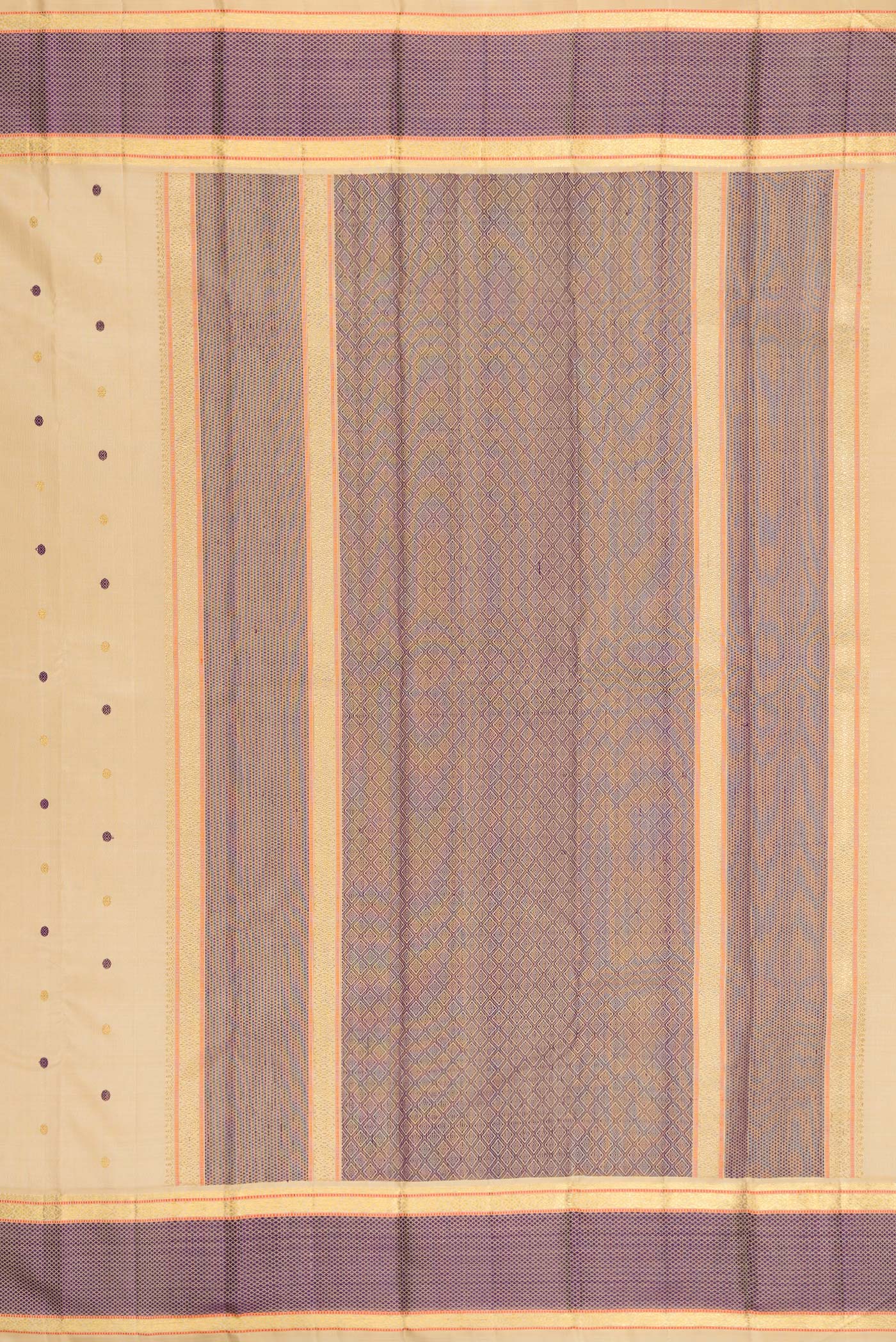 Close up image of the pallu of Pure Silk Pure Zari Sandal Kanchipuram Saree with Zari And Thread Butta on the body and Zari Border. 