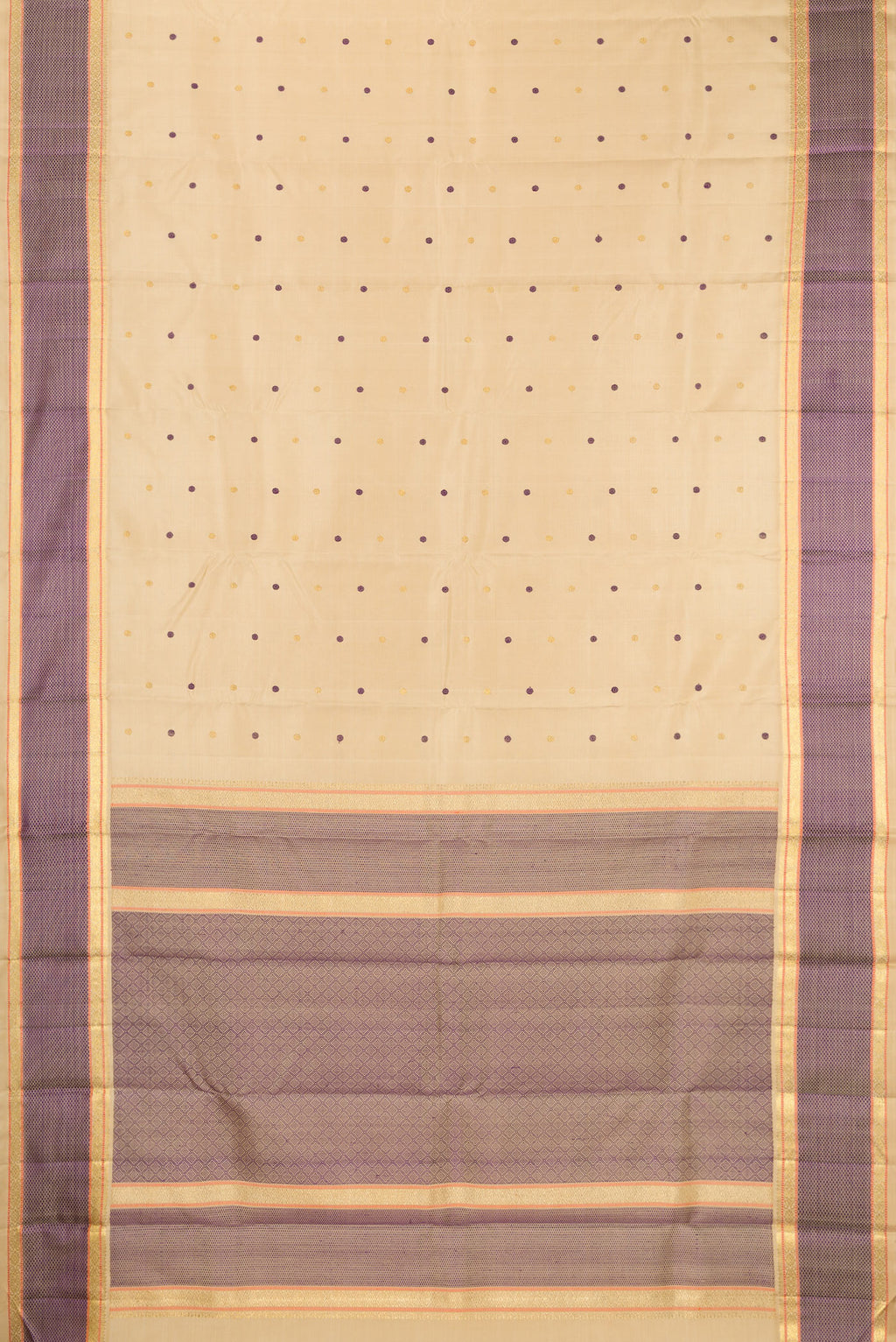 Flat view of Pure Silk Pure Zari Sandal Kanchipuram Saree with Zari And Thread Butta on the body and Zari Border. 
