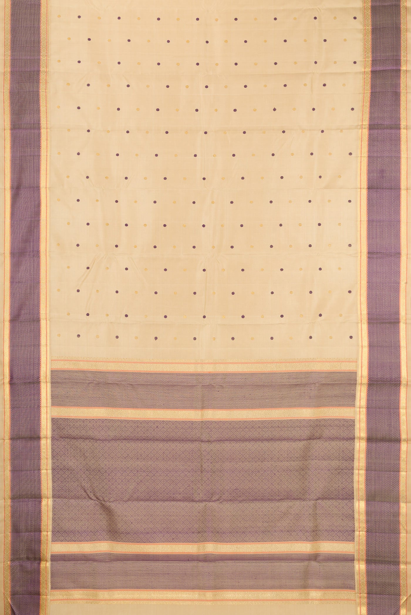 Flat view of Pure Silk Pure Zari Sandal Kanchipuram Saree with Zari And Thread Butta on the body and Zari Border. 