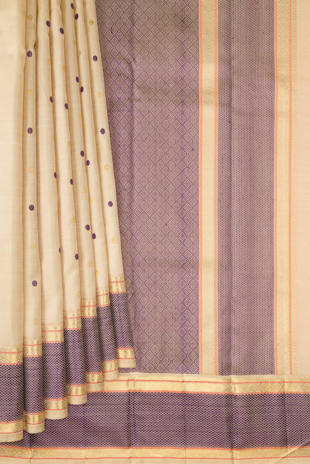Pleats and pallu of Pure Silk Pure Zari Sandal Kanchipuram Saree with Zari And Thread Butta on the body and Zari Border. 