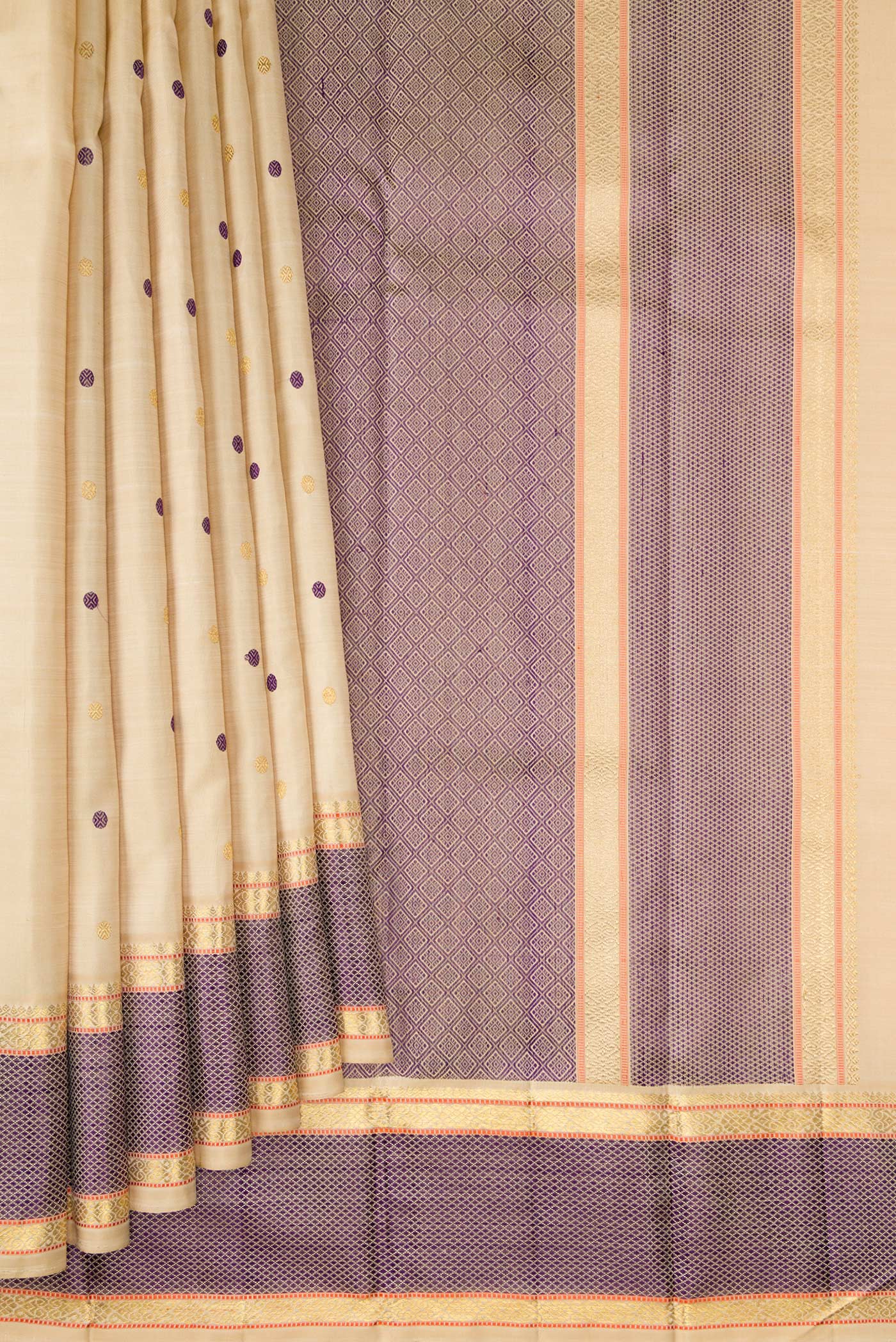 Pleats and pallu of Pure Silk Pure Zari Sandal Kanchipuram Saree with Zari And Thread Butta on the body and Zari Border. 