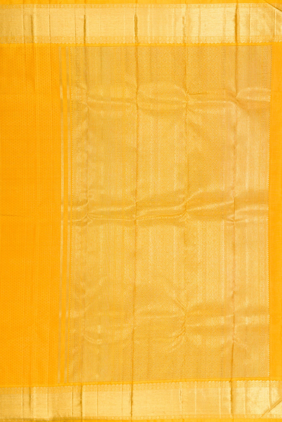 Close up image of the pallu of Pure Silk Pure Zari Yellow Kanjivaram Saree with Jacquard design on the body and Zari Border. 