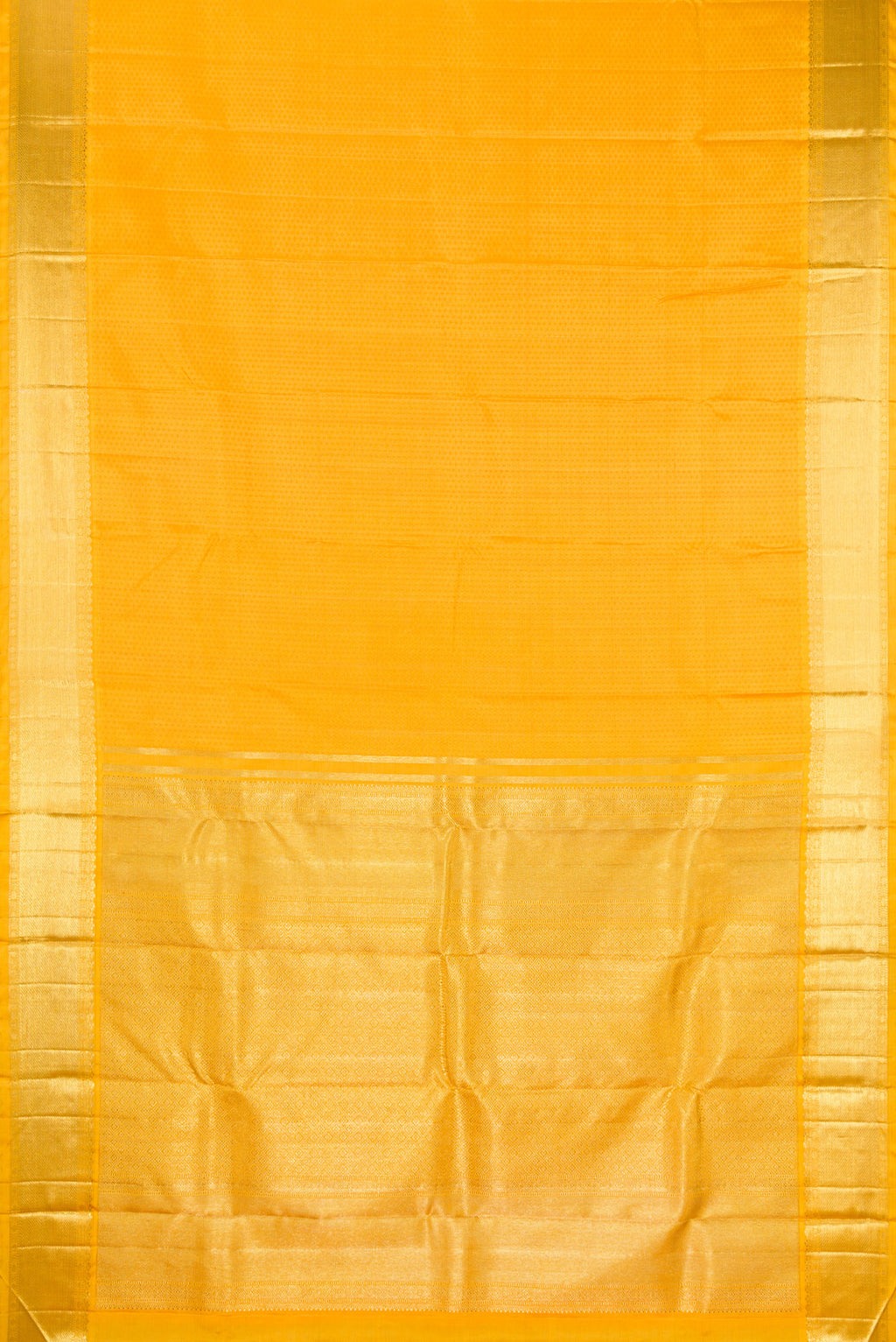 Flat view of Pure Silk Pure Zari Yellow Kanjivaram Saree with Jacquard design on the body and Zari Border. 