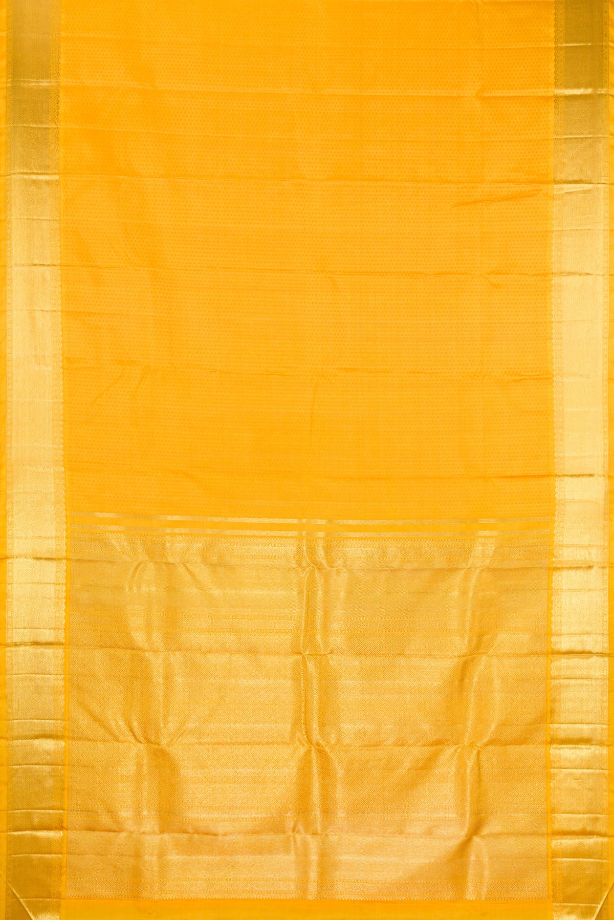 Flat view of Pure Silk Pure Zari Yellow Kanjivaram Saree with Jacquard design on the body and Zari Border. 
