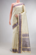 Pure Silk Pure Zari Off White Kanjivaram Saree with Jacquard design on the body and Zari And Thread Border.  displayed on a mannequin