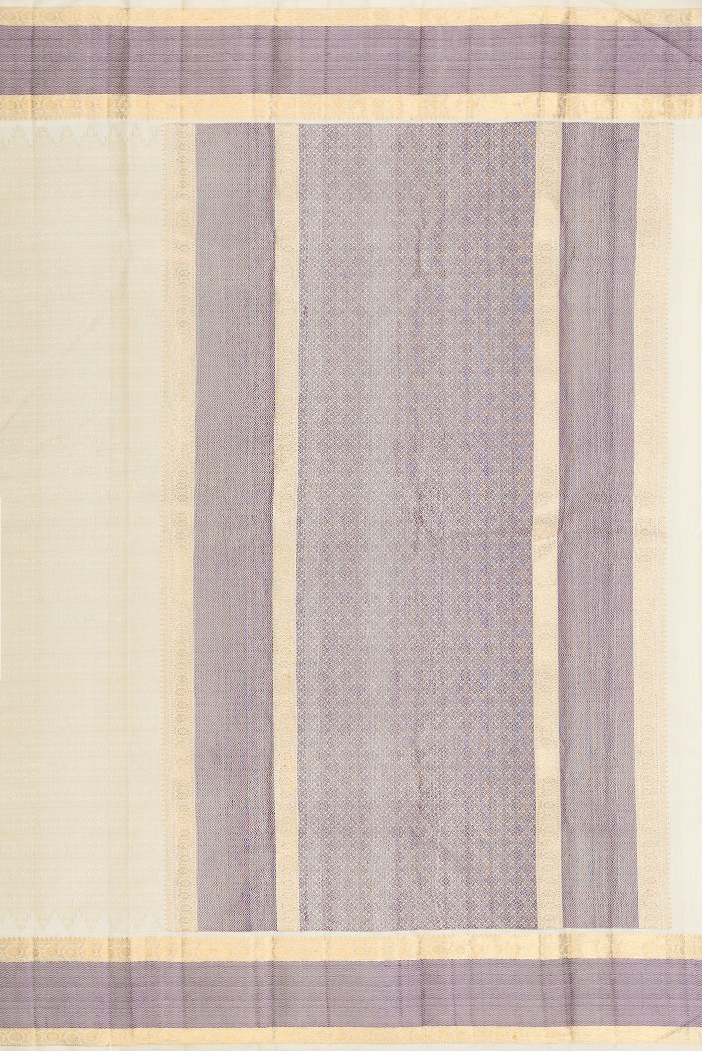 Close up image of the pallu of Pure Silk Pure Zari Off White Kanjivaram Saree with Jacquard design on the body and Zari And Thread Border. 