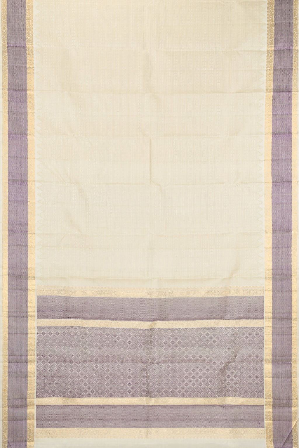 Flat view of Pure Silk Pure Zari Off White Kanjivaram Saree with Jacquard design on the body and Zari And Thread Border. 