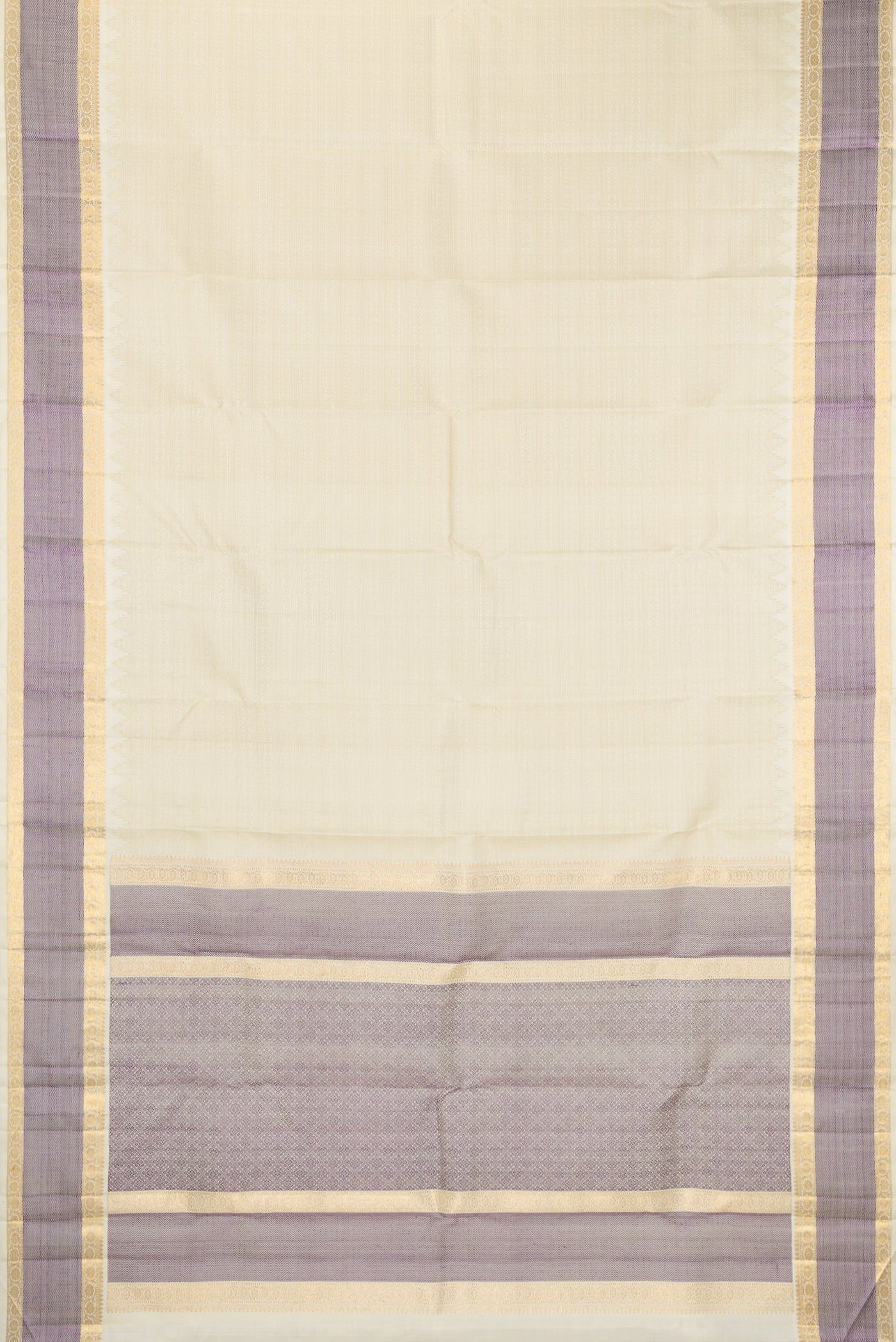 Flat view of Pure Silk Pure Zari Off White Kanjivaram Saree with Jacquard design on the body and Zari And Thread Border. 