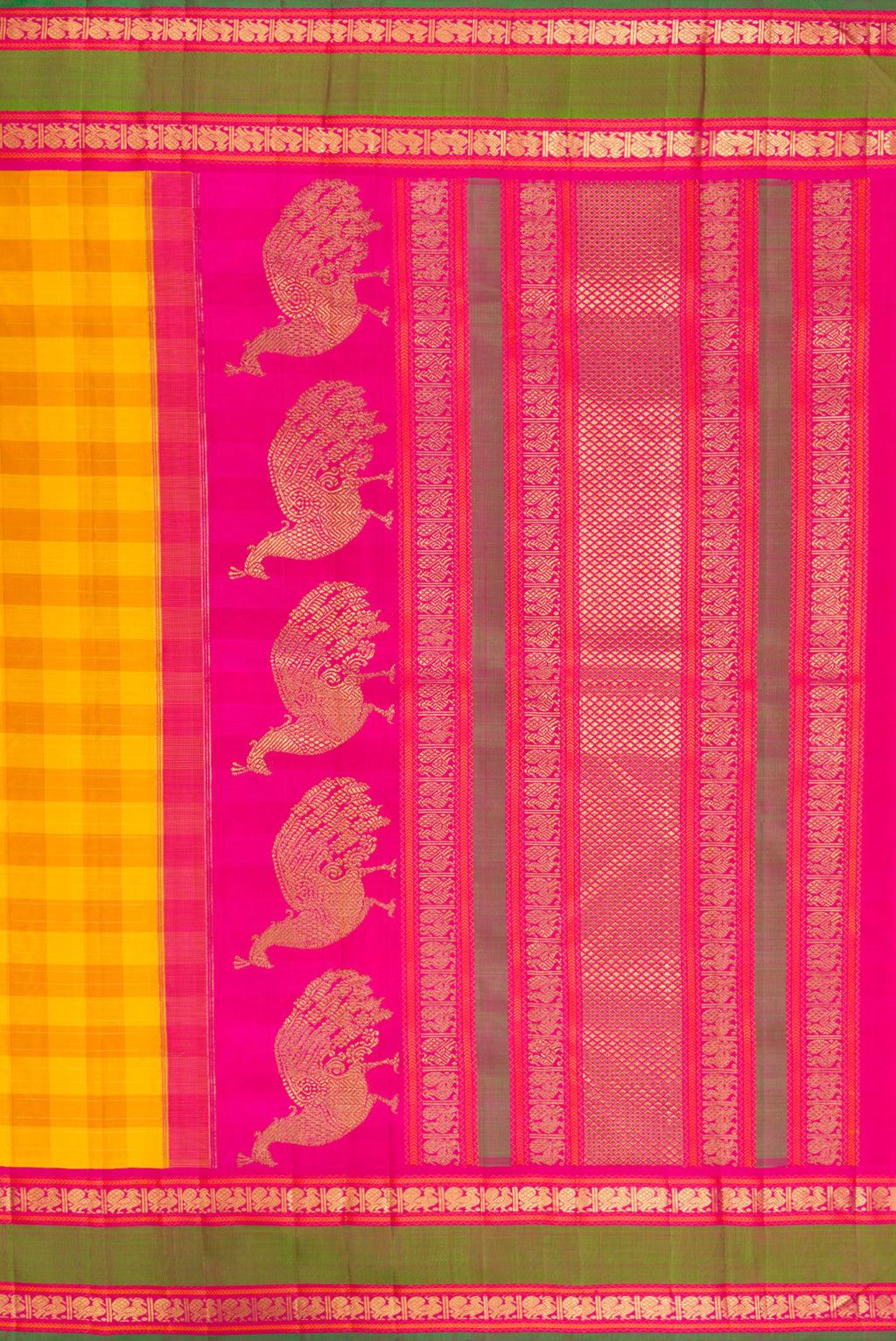 Close up image of the pallu of Pure Silk Pure Zari Yellow Kanjivaram Saree with Checked design on the body and Zari Border. 